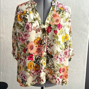 Zara Pink and Red Mandarin Collar Button Down Top